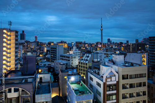 Canvas Print Shibuya, Tokyo, Japan - January 14, 2023: High angle and night view of villas an