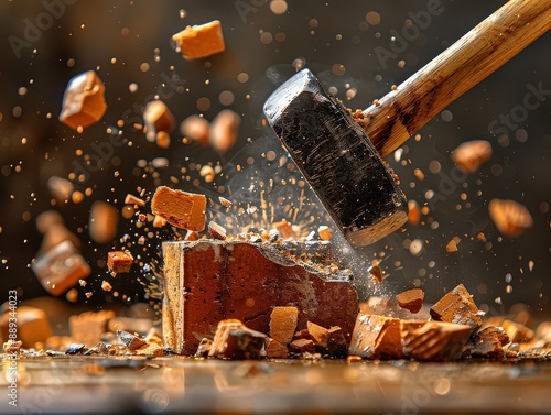 dynamic image capturing the moment a sledgehammer smashes into a brick, sending fragments flying, highlighting power, destruction, and impact.