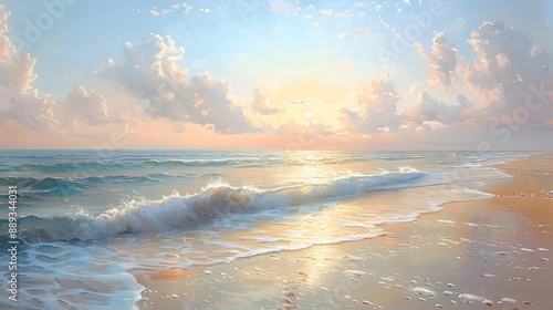 A serene coastal scene at dawn, where the gentle waves kiss the golden sands, illuminated by the first rays of the rising sun. encapsulates the essence of a new day's beginning.