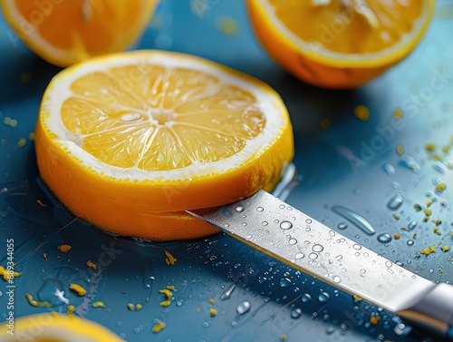 knife slicing through a vibrant piece of fruit like a lemon or watermelon, with space around the scene for text about freshness, health, or culinary skills.