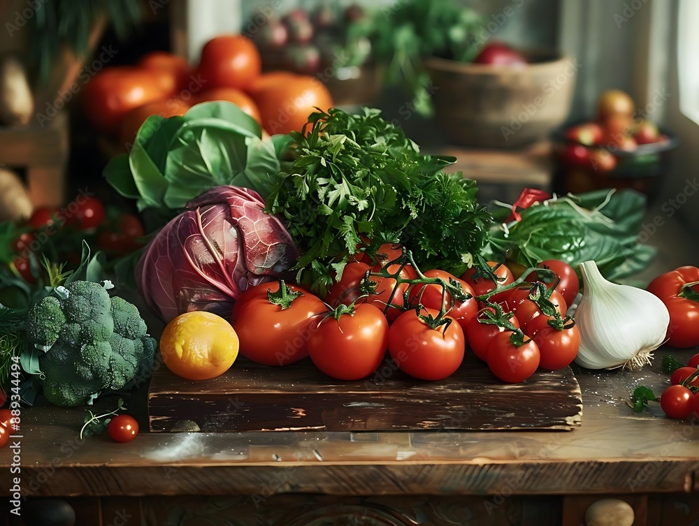 Fresh Produce Still Life with Red Cabbage, Tomatoes, and Garlic on Wooden Cutting Board - Realistic Image Fresh Produce Still Life with Red Cabbage, Tomatoes, and Garlic on Wooden Cutting Board - Realistic Image