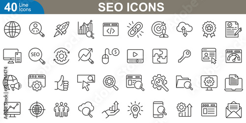 Search engine optimization icons set. Backlinks, technical, local SEO, analytics, research and page speed. vector illustration