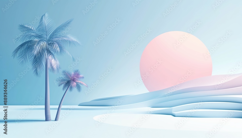 A dreamy beach scene with palm trees and pastel hues, exuding a sense of calm, relaxation, and ethereal beauty, at sunrise. A dreamy beach scene with palm trees and pastel hues, exuding a sense of calm, relaxation, and ethereal beauty, at sunrise.