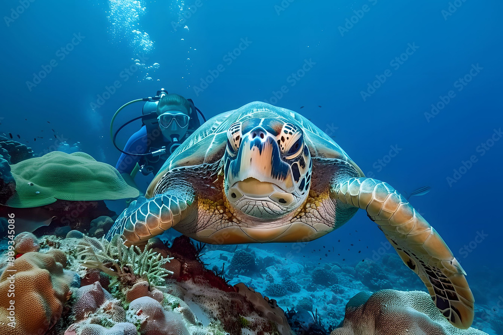 Obraz premium interaction between turtle and diver