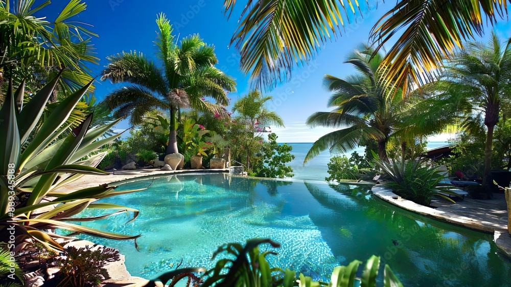 Fototapeta premium Tropical Resort Swimming Pool with Palm Trees