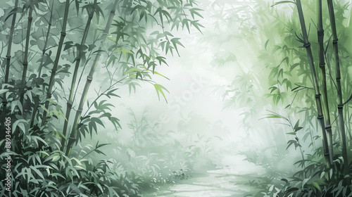 Peaceful Watercolor Bamboo Forest Scene with Winding Path and Foggy Mist Surrounding the Landscape