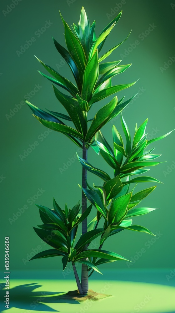 Fototapeta premium A single Yucca plant with lush green leaves stands tall against a soft green background
