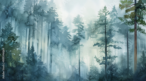 Beautiful Watercolor Painting of a Foggy Redwood Forest with Majestic Trees Fading into the Mist, Perfect for Nature Lovers and Landscape Decor photo