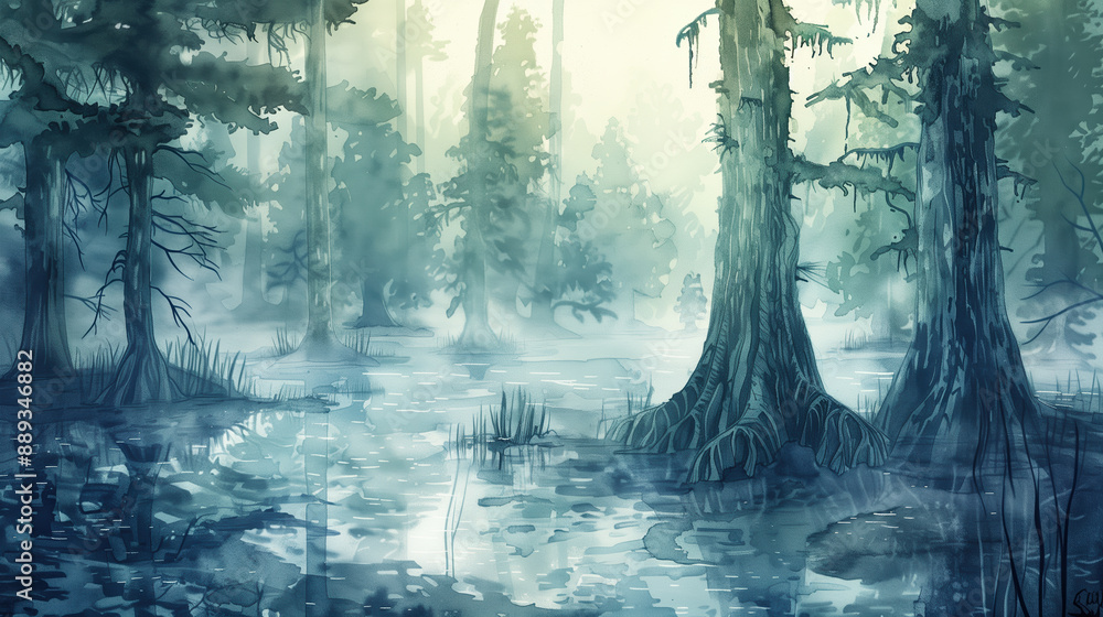 Obraz premium Watercolor Illustration of a Foggy Swamp Landscape with Cypress Knees and Moss-Covered Trees, Misty Forest Scene