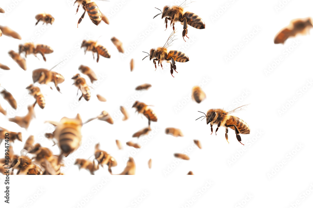 Swarm of honey bees flying in the air, separated on a white background, highlighting their wings and intricate patterns Swarm of honey bees flying in the air, separated on a white background, highlighting their wings and intricate patterns