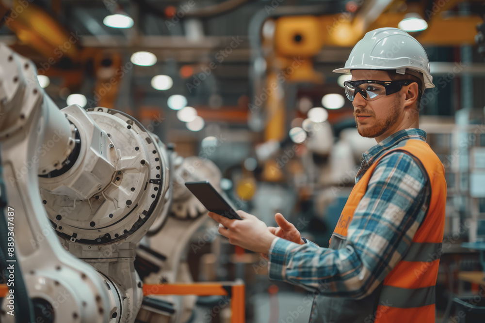 Happy engineer in safety suit holding tablet, monitoring and controlling automatic robot arm machine Happy engineer in safety suit holding tablet, monitoring and controlling automatic robot arm machine