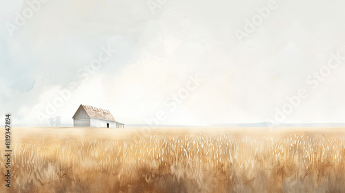 Beautiful Watercolor Illustration of Foggy Wheat Field with Distant Farmhouse - Rural Landscape Art, Gentle Morning Mist, Pastoral Setting
