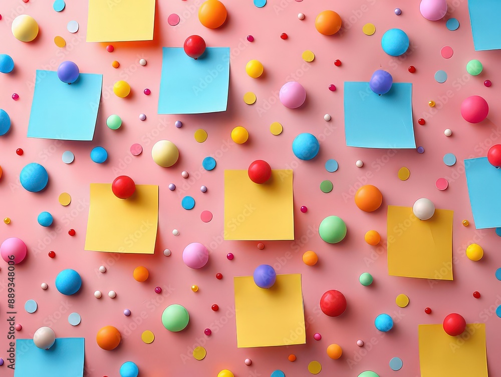 colorful and playful arrangement of sticky notes and push pins on a pink background. The sticky notes are in blue and yellow, and the push pins are multicolored, creating a vibrant, cheerful pattern colorful and playful arrangement of sticky notes and push pins on a pink background. The sticky notes are in blue and yellow, and the push pins are multicolored, creating a vibrant, cheerful pattern