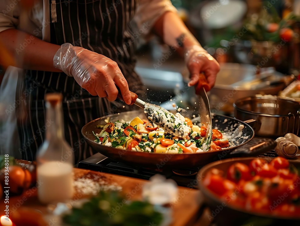 Chef Stirring Vegetables in Pan with Spatula - Photo Chef Stirring Vegetables in Pan with Spatula - Photo