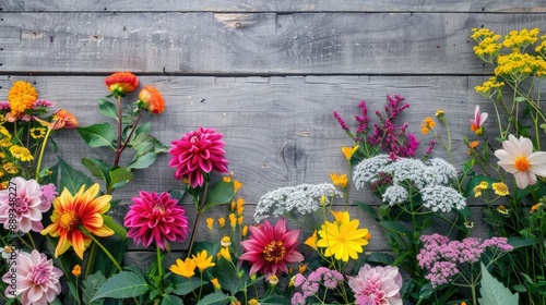 Arrangement of dahlia gloriosa rothschildiana and achillea millefolium on wooden backdrop with empty space photo