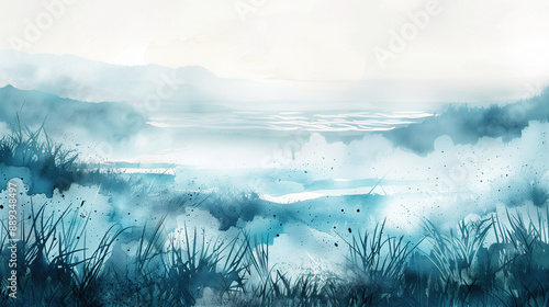 Watercolor Painting of Foggy Coastal Meadow with Crashing Waves and Distant Ocean, Captivating Natural Seascape photo