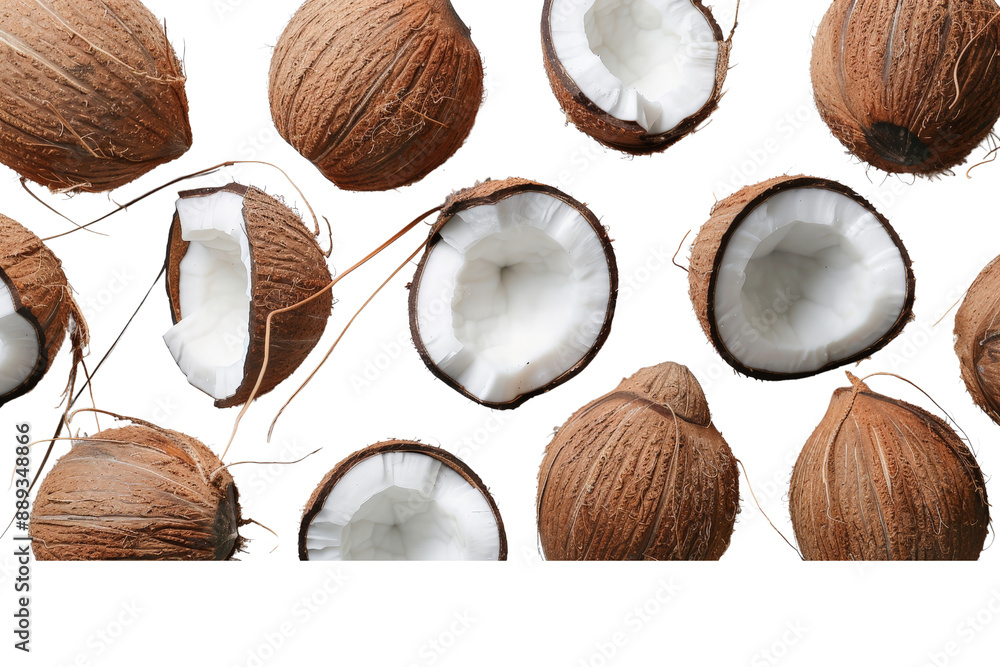 Whole coconuts and white flesh slices arranged on a white background, flat lay view, emphasizing their tropical appeal