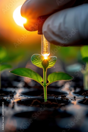 Highresolution closeup of a scientist measuring plant growth with relativistic effects, ambient light, high quality, relativity and botany, precise and detailed photo