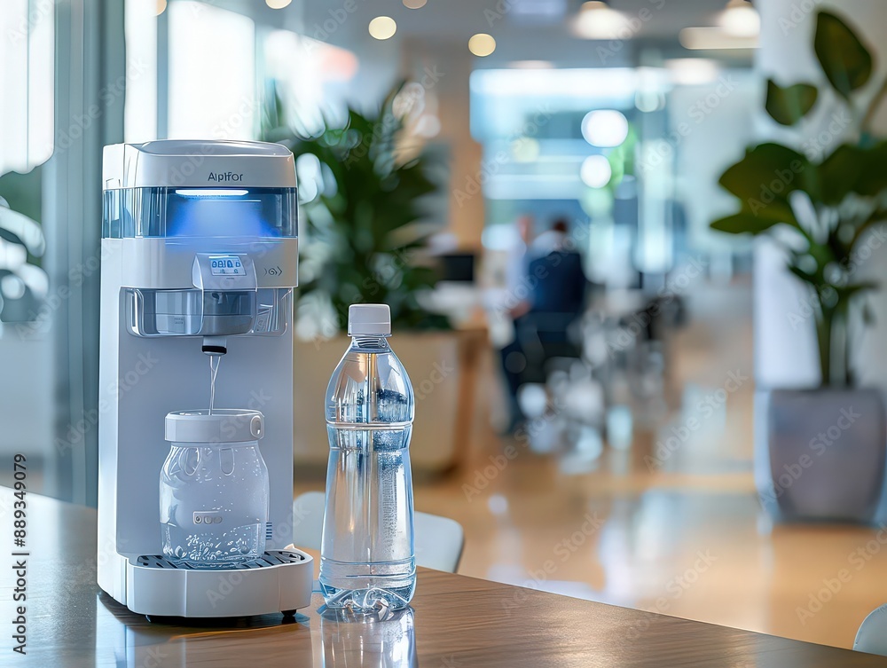 water dispenser dispensing water into a clear bottle, set against a backdrop of a well-lit, modern office with blurred figures of coworkers in conversation. water dispenser dispensing water into a clear bottle, set against a backdrop of a well-lit, modern office with blurred figures of coworkers in conversation.