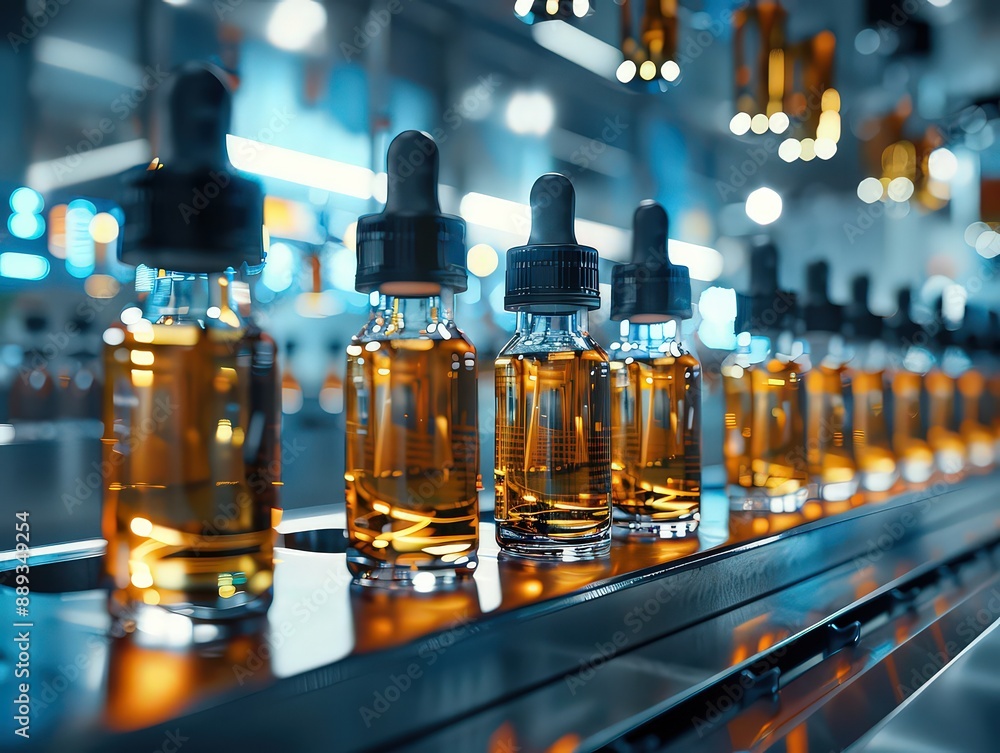 Clear vials with black tops, filled with amber fluid, displayed in an orderly row on a stainless steel surface, with a modern lab environment featuring illuminated screens in the background. Clear vials with black tops, filled with amber fluid, displayed in an orderly row on a stainless steel surface, with a modern lab environment featuring illuminated screens in the background.