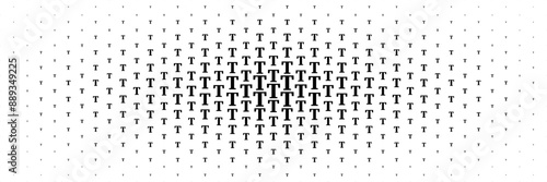 horizontal halftone of black capital letter t spreading from center for pattern and background.