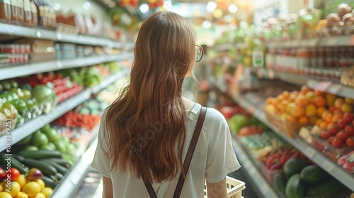 A rear view of a woman browsing through an array of fresh fruits and vegetables in the produce aisle of a supermarket.