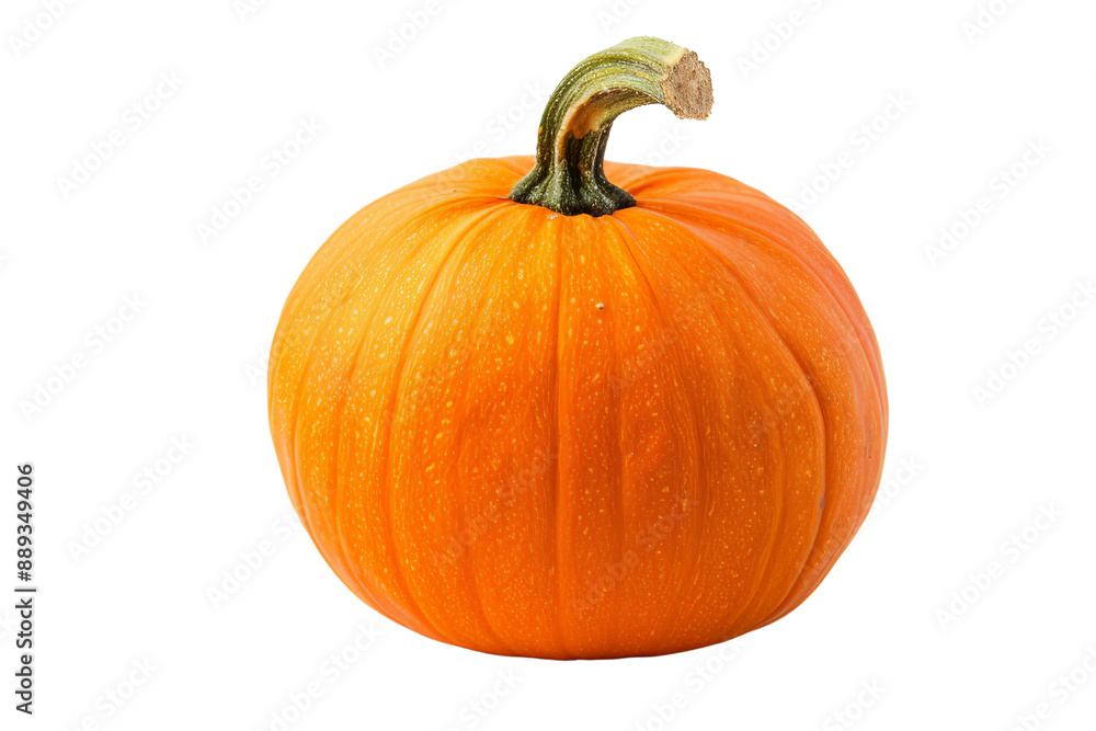 Obraz premium Whole pumpkin with a smooth surface and green stem, separated on a white background, highlighting its round shape and bright orange color