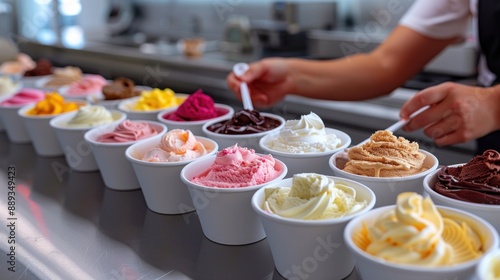 An ice cream taster conducting a tasting session in a stylish, contemporary kitchen. Various ice cream flavors are arranged on a sleek counter, and the taster uses a spoon to sample each one. The