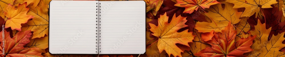 blank notebook surrounded by vibrant autumn leaves for fall-themed designs and projects blank notebook surrounded by vibrant autumn leaves for fall-themed designs and projects