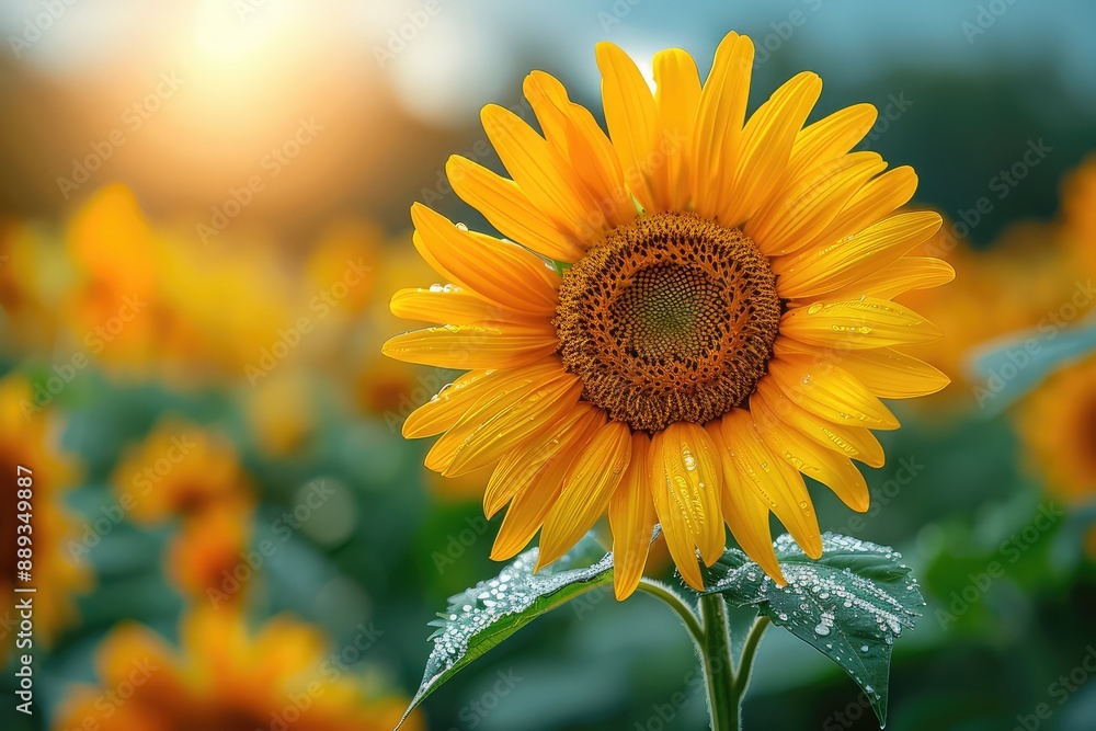 Fototapeta premium Beautiful Yellow Sunflower Under Morning Dew