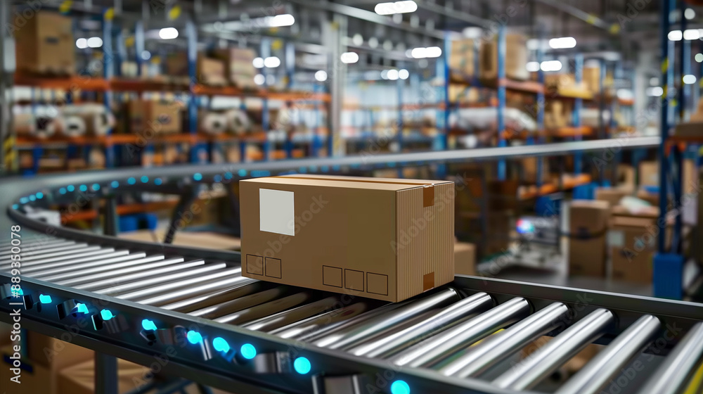 Close-up of a cardboard box with a barcode and product information on a conveyor belt in a warehouse, showcasing detailed product labeling and logistic processes in a photorealistic style, 3D renderin Close-up of a cardboard box with a barcode and product information on a conveyor belt in a warehouse, showcasing detailed product labeling and logistic processes in a photorealistic style, 3D renderin