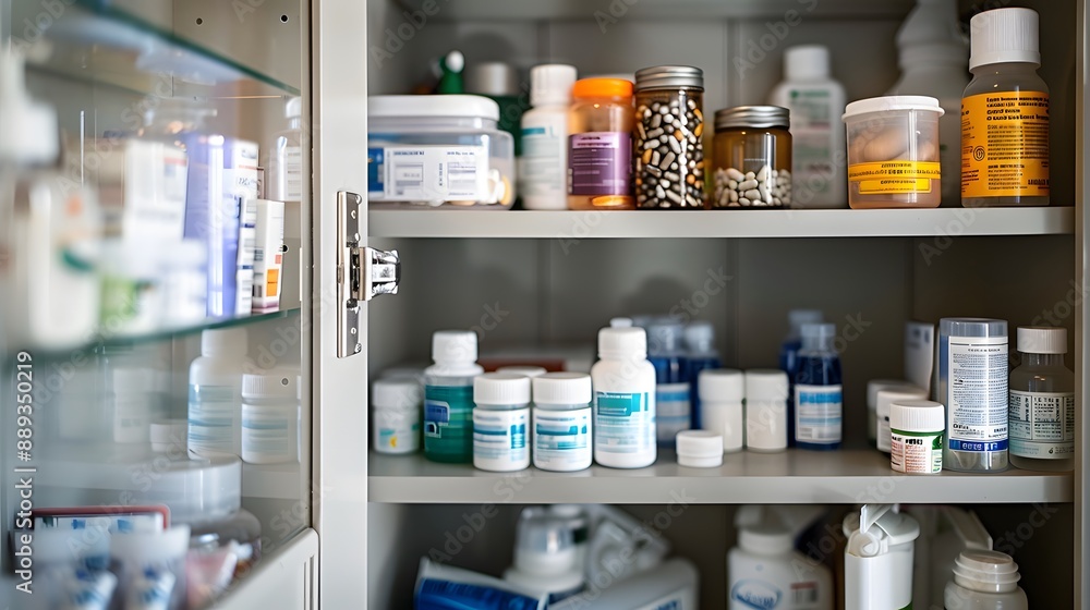 A well-organized medicine cabinet with labeled bottles and a weekly pill organizer A well-organized medicine cabinet with labeled bottles and a weekly pill organizer