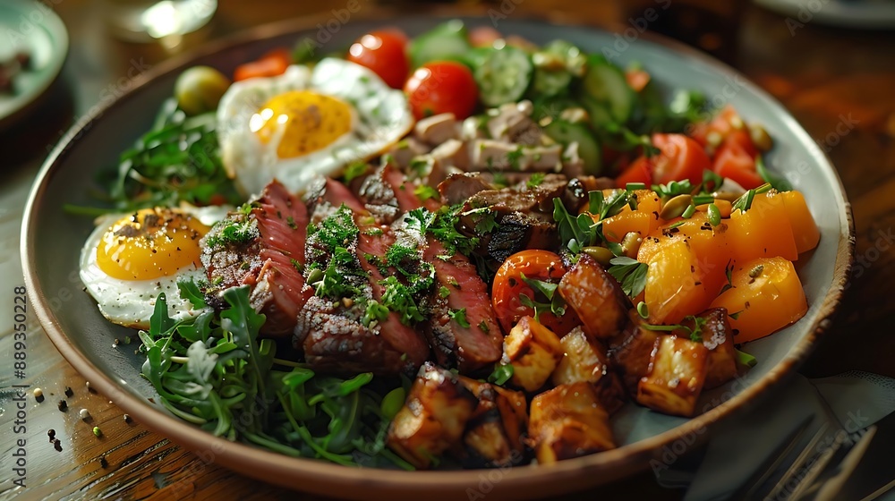 Delicious Steak Salad with Fried Eggs, Roasted Vegetables, and Greens - Photo Delicious Steak Salad with Fried Eggs, Roasted Vegetables, and Greens - Photo