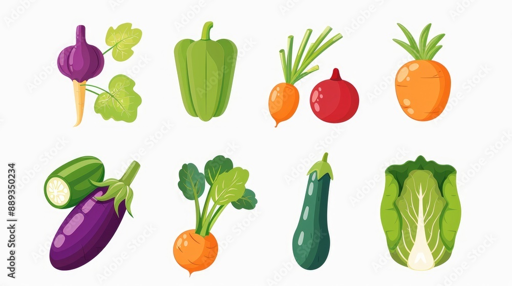 Modern and sleek vegetable icons set of 9, arranged symmetrically on white background Modern and sleek vegetable icons set of 9, arranged symmetrically on white background