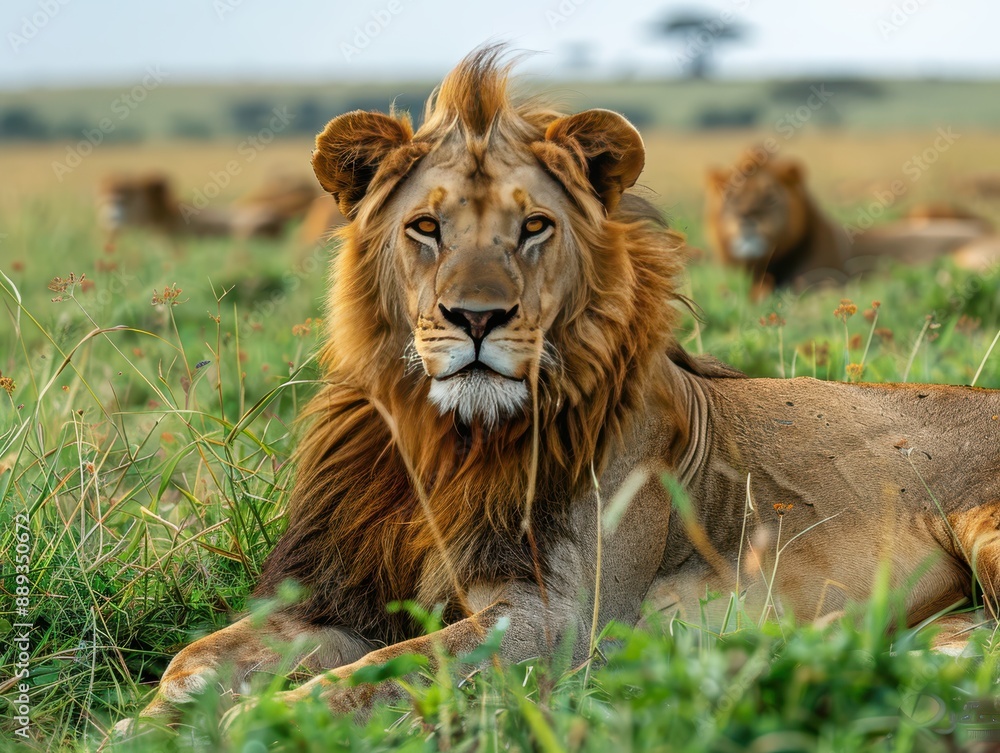 Obraz premium King of the Savannah: Majestic Lion Resting in its Natural Habitat, Detailing Fur Textures