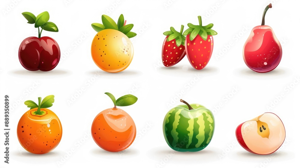 Modern and stylized set of 9 cartoon fruit icons, arranged symmetrically on white background Modern and stylized set of 9 cartoon fruit icons, arranged symmetrically on white background