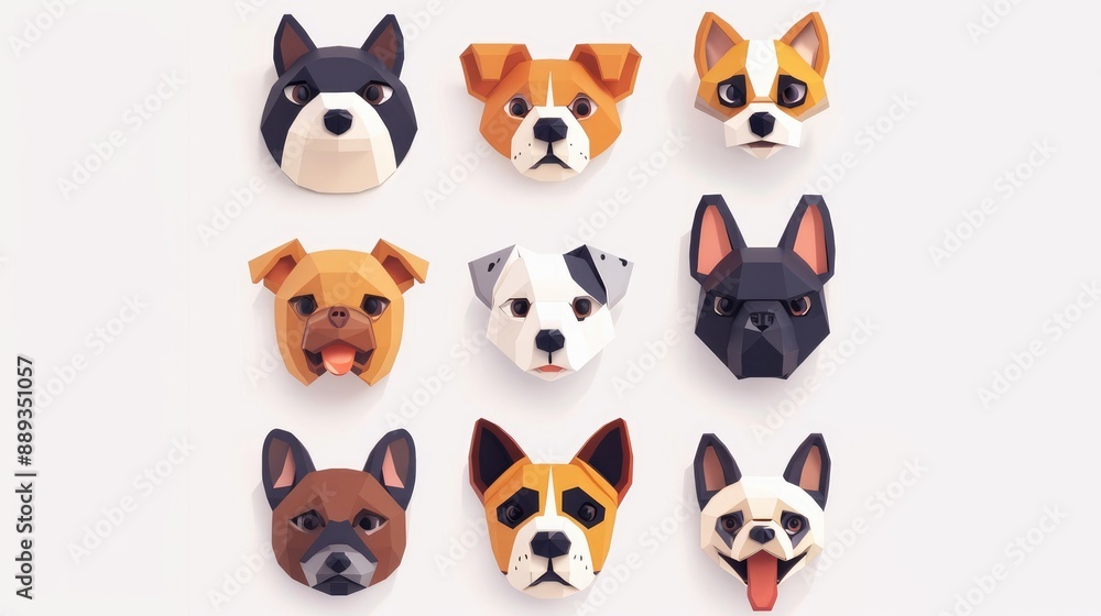 Obraz premium Modern and stylized set of 9 cartoon pet icons, arranged symmetrically on white background