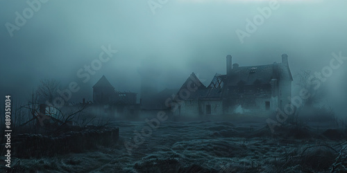 A dense fog enveloping a deserted village, the buildings barely visible and filled with a sense of mystery