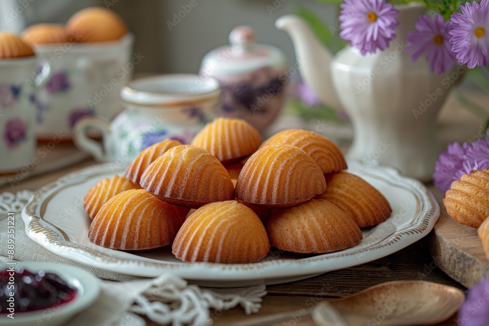 Madeleine on a white plate with a bowl of homemade jam, flowers, cup of tea nearby on the kitchen table. Concept: advertising food photo, French traditional dessert, for culinary blog