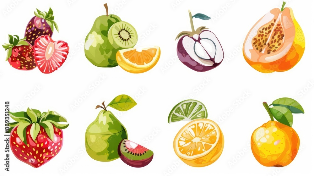 Modern and stylized set of 9 fruit painting icons, arranged symmetrically on white background