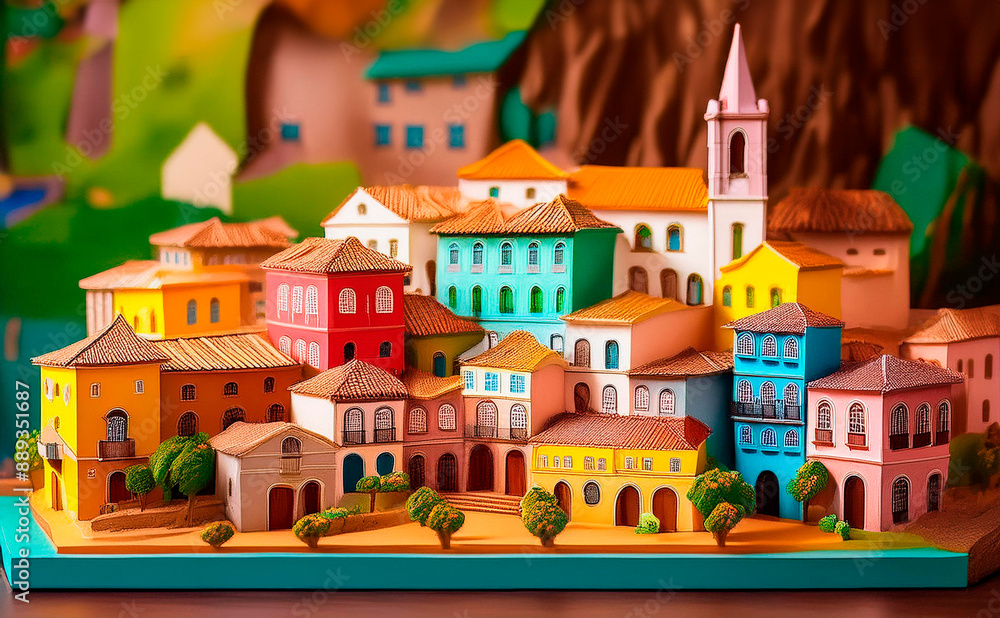 Maquete ou modelo de cidade histórica colorida com casas, igreja matriz, árvores e montanhas ao fundo. Maquete ou modelo de cidade histórica colorida com casas, igreja matriz, árvores e montanhas ao fundo.