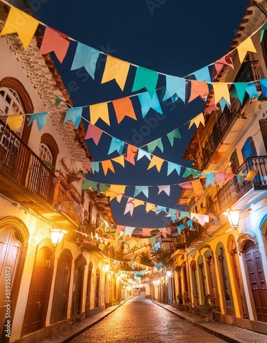 Cidade histórica brasileira decorada com bandeirolas juninas durante a noite. Festa junina. Brasil.