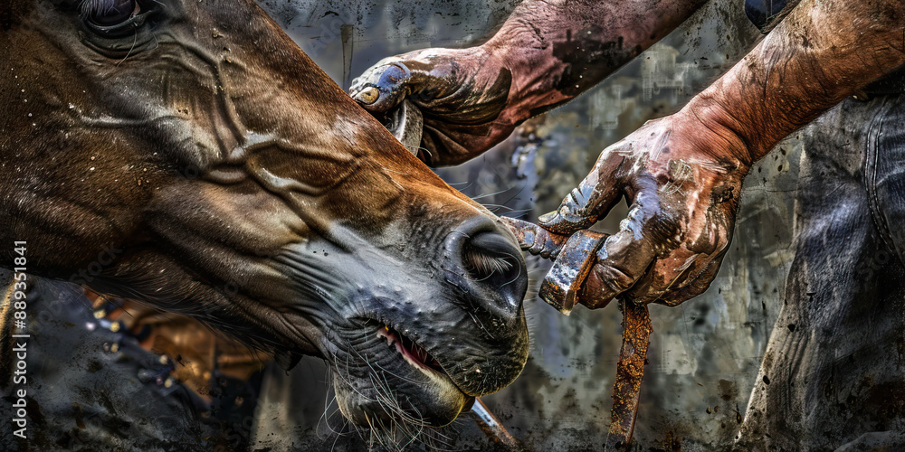 A farrier’s hands shoeing a horse, ensuring the animal’s comfort and safety A farrier’s hands shoeing a horse, ensuring the animal’s comfort and safety