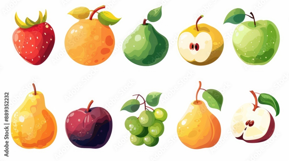 Modern cartoon fruit icons set of 9, symmetrically arranged on white background Modern cartoon fruit icons set of 9, symmetrically arranged on white background