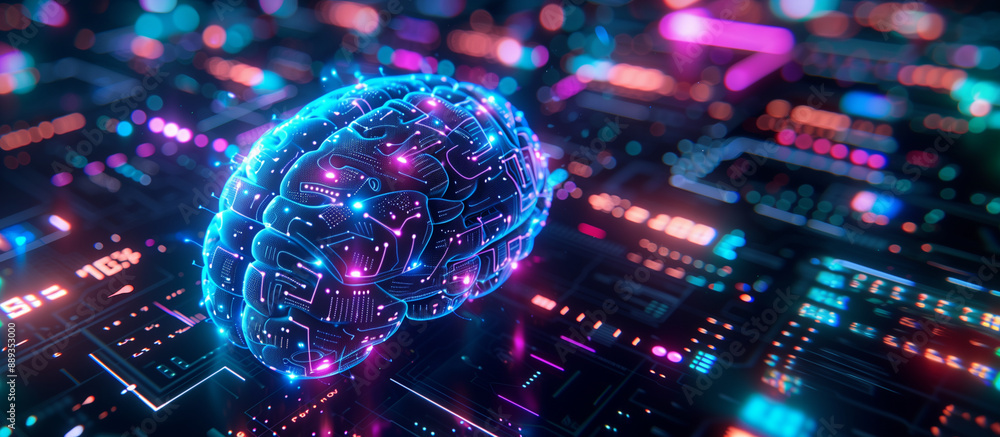 a detailed close-up of a digital brain made of glowing blue and purple circuits, surrounded by holographic data displays and futuristic elements, AI, digital mind, advanced technol a detailed close-up of a digital brain made of glowing blue and purple circuits, surrounded by holographic data displays and futuristic elements, AI, digital mind, advanced technol