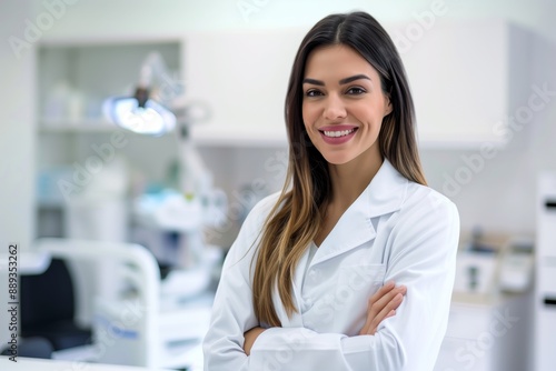 Confident female dentist working in a modern dental clinic, providing professional healthcare services. Expertise in dentistry and orthodontics, promoting oral health with a smiling face