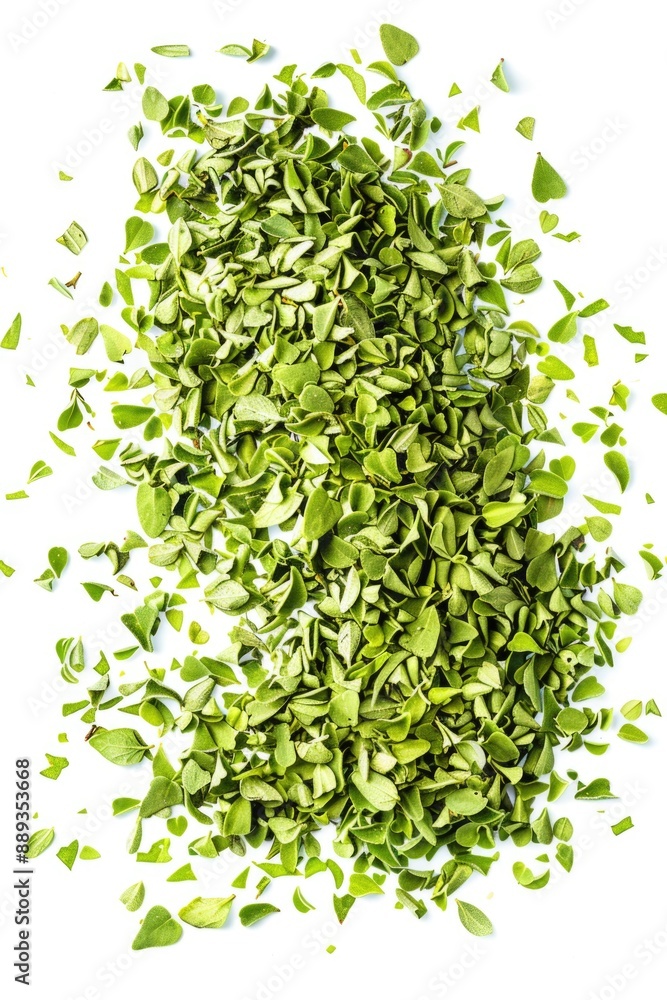 A collection of fresh green leaves stacked on a clean white surface, perfect for nature or decoration themed images A collection of fresh green leaves stacked on a clean white surface, perfect for nature or decoration themed images