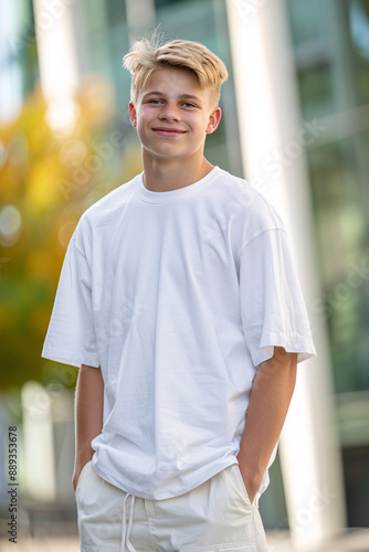 A handsome teenage boy, wearing a white oversized t-shirt and sweatpants, smiling to the camera standing in front of a modern architecture building in a city center with a glass wall behind him