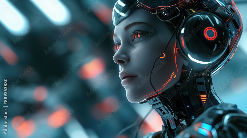 Futuristic AI Robot Head with Intricate Circuitry and Glowing Details, Gazing into the Future of Technology. Futuristic AI Robot Head with Intricate Circuitry and Glowing Details, Gazing into the Future of Technology.