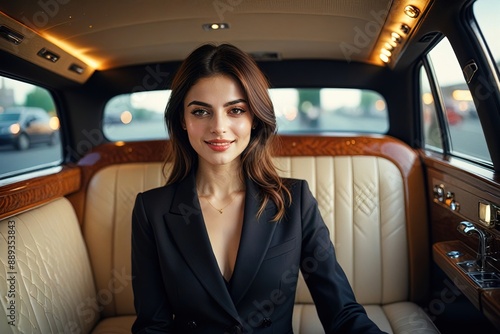 Smiling confident professional businesswoman passenger in luxury limousine limo, successful corporate lifestyle © Kheng Guan Toh